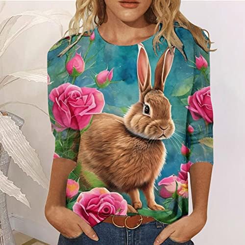 חולצת ארנב פסחא לנשים 3/4 חולצות שרוול לנשים הדפסים חמודים צוואר עגול צוואר רופף סוודר רגלן מזדמן