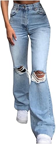 מכנסי ג'ינס עם המותניים הגבוהות שנקרעו לנשים במצוקה מתלקחות מכנסי ג'ינס רחבים