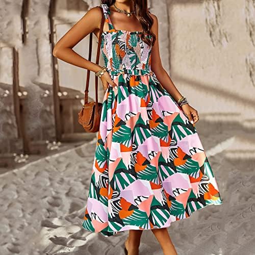 נשים של קיץ מקסי שמלות מקרית שרוולים עניבת רצועות כיכר צוואר קפלי שמלה קיצית פרחוני לפרוע חוף נדנדה ארוך שמלה
