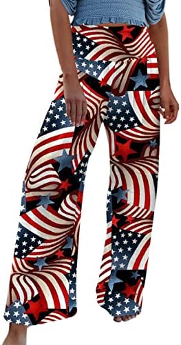 4 ביולי נשים פשתן מכנסי רגל רחבים דגל אמריקאי אלסטי אלסטי מכנסי רגל רחבים בעלי מותניים גבוהים עם כיסים מכנסיים פאלאצו מכנסיים