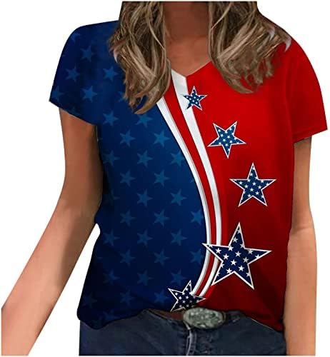 חולצות פטריוטיות בארהב לנשים 4 ביולי אופנה כוכבי דגל אמריקאים פסים מודפסים חולצת טי שרוול קצר של צווארון V