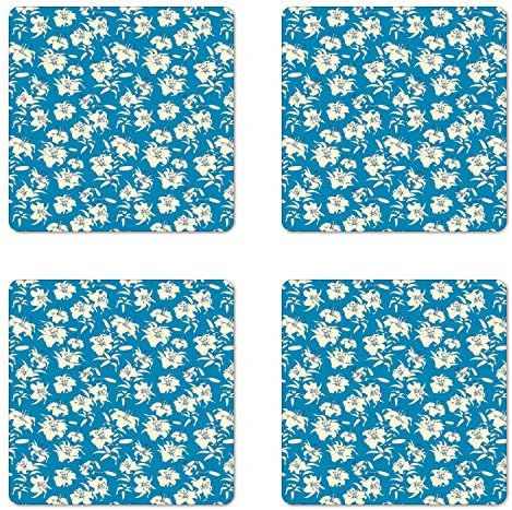 סט רכבת פרחים של אמבסון סט של 4, איור של פרחי שושן פורחים בתבנית רציפה, חופי גלוס קשיחים מרובעים, גודל סטנדרטי, קליפת ביצה כחולה בים וכחול