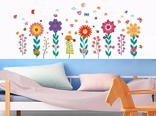 מדבקות קיר פרחים של פרח לבנות מדבקות קיר בחדר שינה מדבקות קיר גן מדבקות פינתיות ילדים כיתת פעוטון לתינוק 3D DIY טבע צמח צבעוני דבורה דבורה