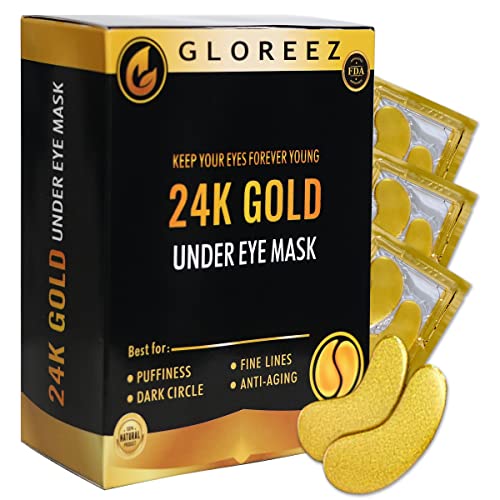 Gloreez 24K זהב מתחת למסכות עיניים לעיגולים כהים ונפיחות, מוצרי טיפוח עור ללחות, אנטי אייג'ינג ואנטי-קמטים, טלאי עיניים לעיגולים כהים,